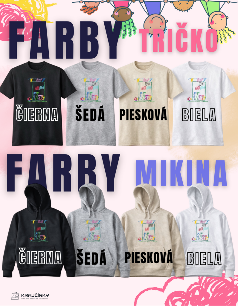 Tabuľka farieb pre trička a mikiny  pre vyšívanie detskej kresby
